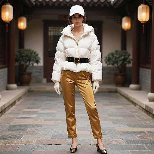 Photograph of a woman in a white puffer jacket, gold pants, black belt, white gloves, white cap, and black heels, standing in