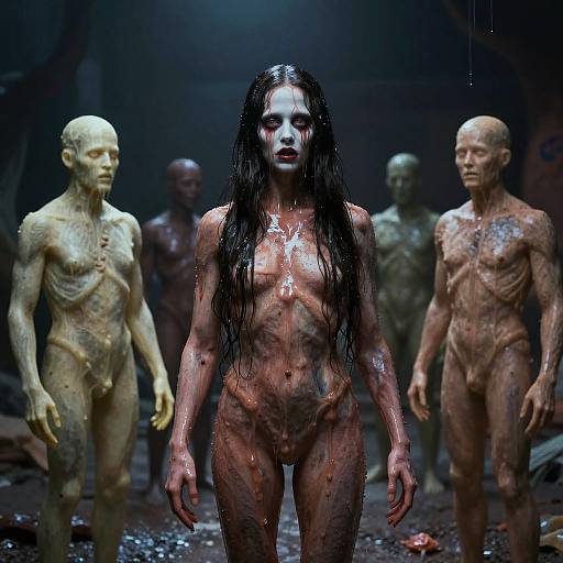 CGI image: Pale, bald humanoid figures with exposed muscles surround a wet, dark-haired, nude woman with defined muscles, standing in a dimly