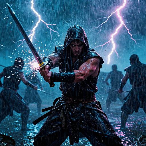 Neon Rain Swordsman Battle Scene