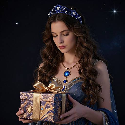 Photograph of a fair-skinned, brunette princess with wavy hair, wearing a starry tiara, blue dress, and necklace, holding a