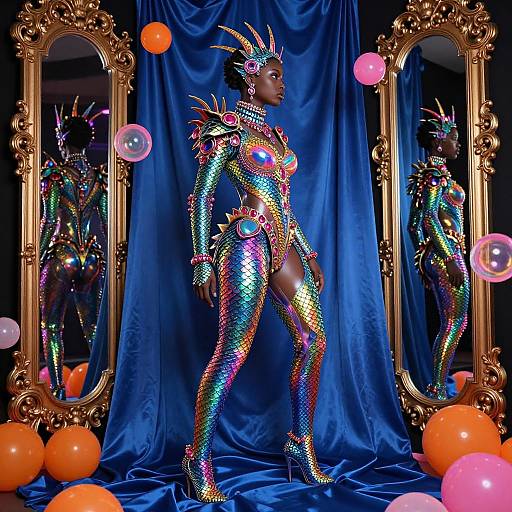 Photograph of a dark-skinned woman in iridescent, multicolored armor with a headdress, standing in front of ornate mirrors,