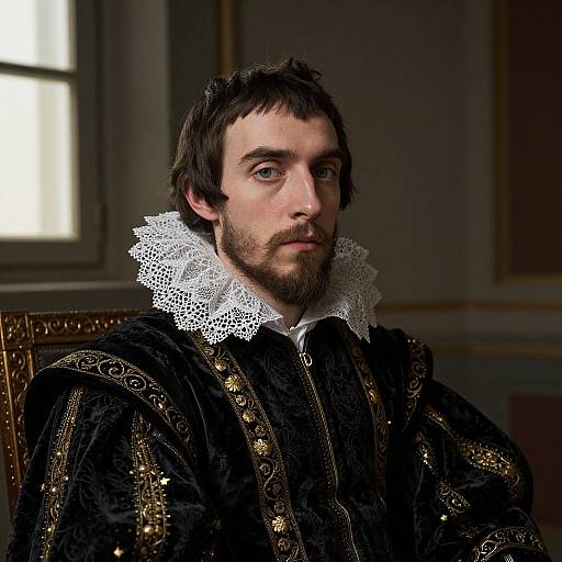 Photograph of a bearded man with short brown hair, wearing an elaborate black velvet Renaissance-style suit with gold embroidery and a white lace ruff,
