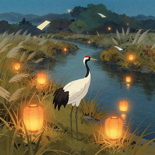Red-Crowned Crane by Lantern-Lit Riverbank