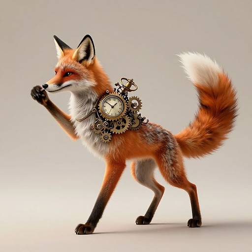 Digital illustration of a fox with vibrant orange fur and white-tipped tail, wearing a large, intricate clock gear necklace, standing on a white background.