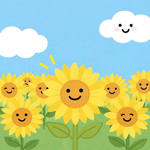 Bright digital drawing of cheerful sunflowers with smiling faces, set against a blue sky with two smiling clouds.