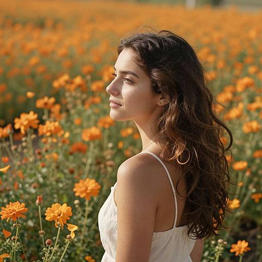 Photograph of a young woman with wavy brown hair, wearing a white lace tank top, standing in a sunlit orange flower field, looking over