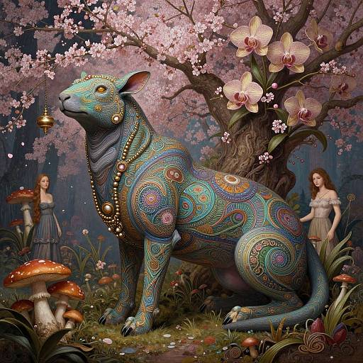 Digital fantasy artwork: colorful, ornate, mythical cat statue with jewelry, under cherry blossom tree, surrounded by mushrooms, two ethereal women, and