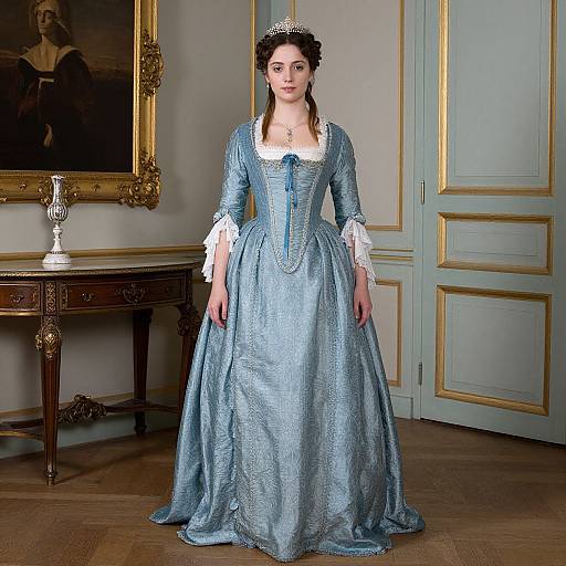 Photograph of a young woman in a blue, Victorian-style, long-sleeved gown with white lace cuffs, standing in an elegant room with gold