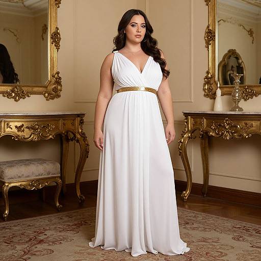 Photograph of a curvy woman with long black hair in a white, sleeveless, V-neck gown with gold belt, standing in an ornate