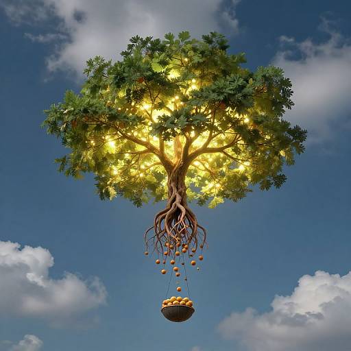 Magical floating tree with glowing yellow leaves, exposed roots, and hanging basket of oranges against a vibrant blue sky with fluffy white clouds. Digital artwork.