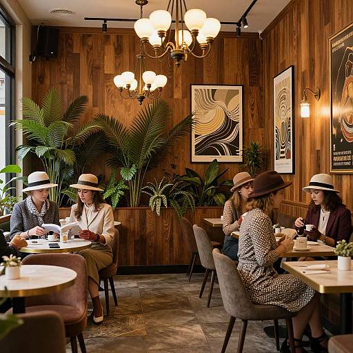 Photograph of four women in vintage hats and patterned dresses, seated at wooden tables in a cozy, wood-paneled café with potted plants and