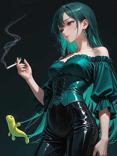 Woman in Chic Emerald Green Evening Outfit Smoking