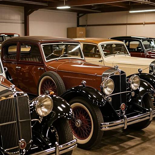 Photograph of vintage cars in a dimly lit garage; foreground features black and brown classic cars with shiny chrome grilles and large round headlights.