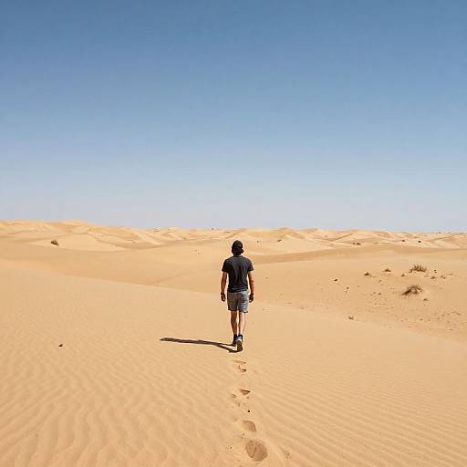 Photograph of a man in a blue shirt and gray shorts walking alone in a vast, sunlit desert with clear blue sky.