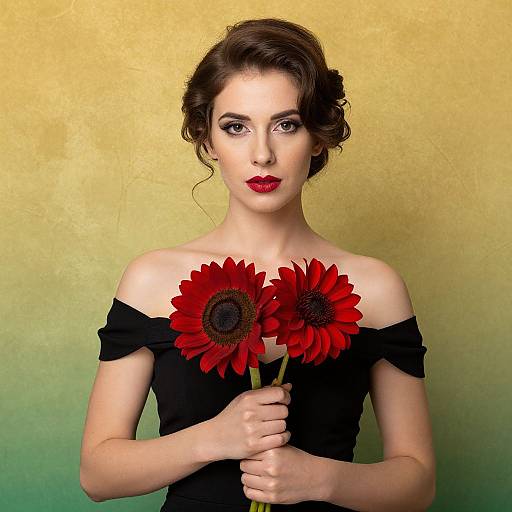 Photograph of a fair-skinned woman with dark, wavy hair, red lipstick, holding two red daisies against a yellow-green gradient background