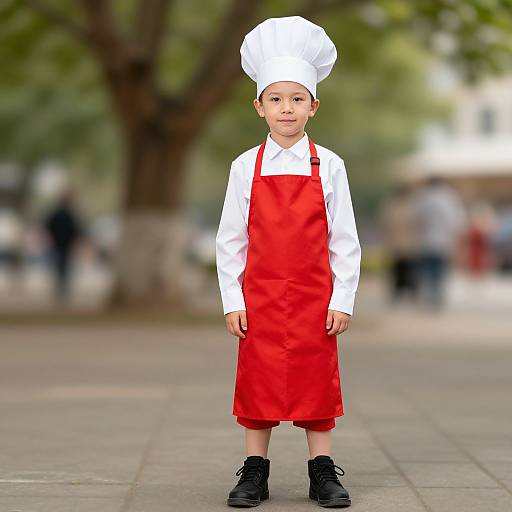 Photograph of a young Asian boy in a white chef hat, red apron, white shirt, and black shoes, standing outdoors on a paved path