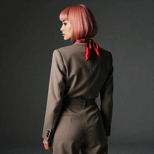 Woman in Tailored Suit with Pink Hair and Red Scarf