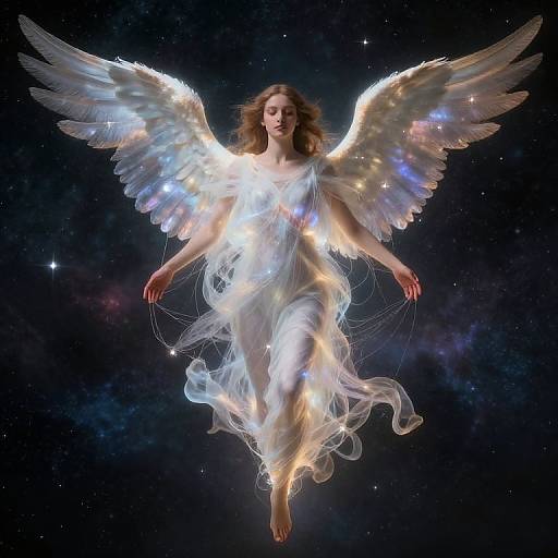 Photograph-style digital artwork of a glowing, ethereal angelic woman with iridescent wings, flowing white dress, and starlit background.