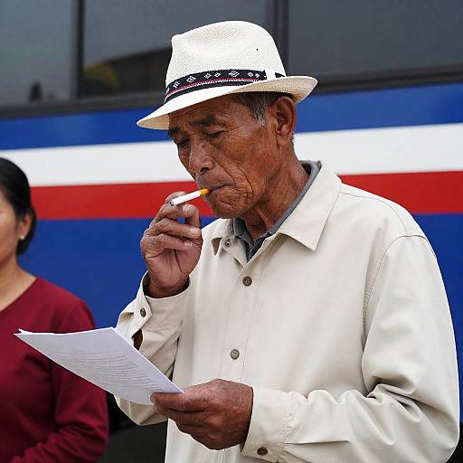 Focused Man in Cream Jacket and Hat