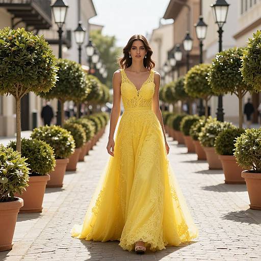Photograph of a woman in a flowing, yellow lace dress walking down a sunlit, cobblestone street lined with potted topiaries and
