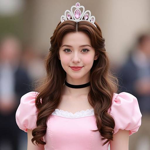 Photograph of a young woman with long brown hair, wearing a pink princess dress, silver tiara, and black choker, smiling gently. Bl