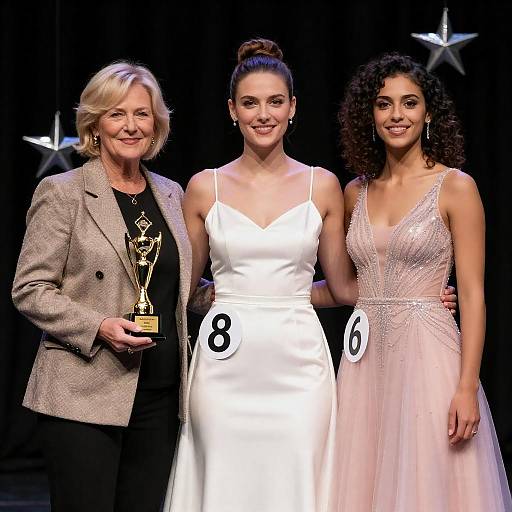 Pageant Winners with Trophy on Stage