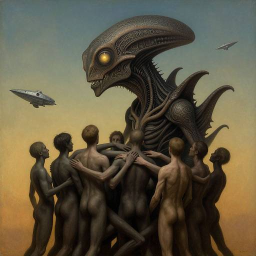 Digital artwork of a group of naked, human-like figures surrounding a large, menacing, alien creature with glowing eyes and intricate, black, exoskeleton