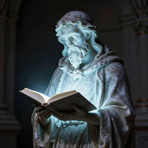 Photograph of a glowing, ethereal statue of an old bearded man with flowing hair, wearing a hooded robe, deeply engrossed in