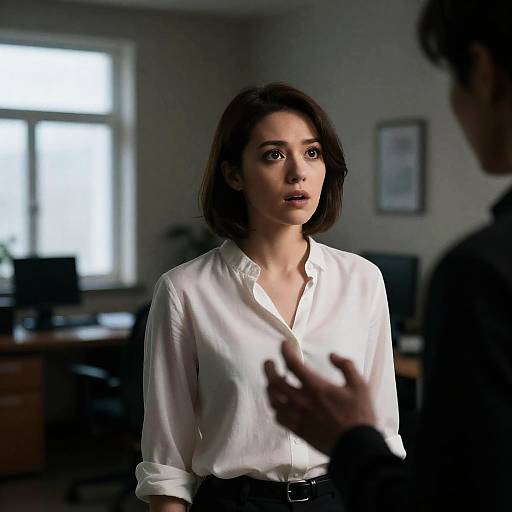 Surprised Woman Confronts Dark Figure