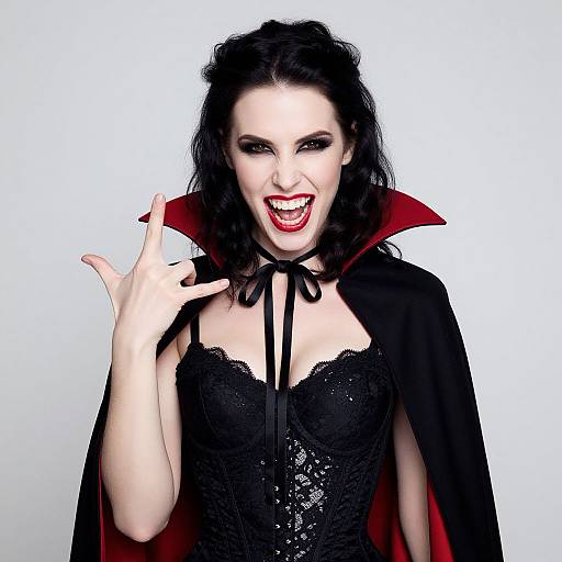 Photograph of a pale-skinned woman with dark, wavy hair, red lipstick, and black lace corset, wearing a black cape with red