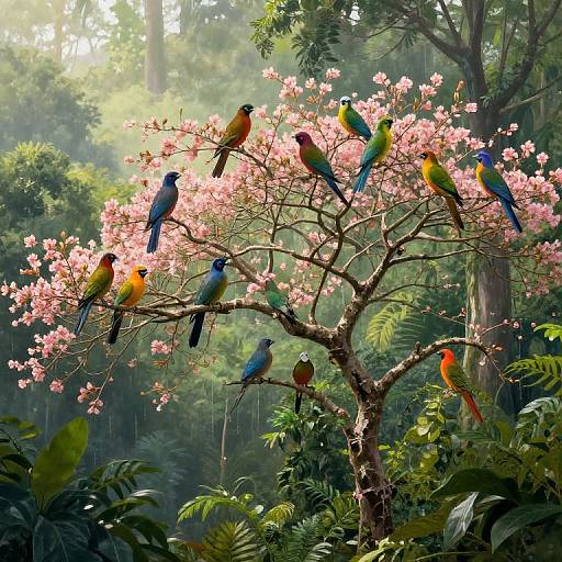Colorful Exotic Birds on Blooming Tree
