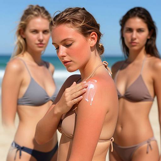 Photograph of three young women on a beach, wearing gray bikinis; central woman with sunburned shoulder, eyes closed, others blurred in background