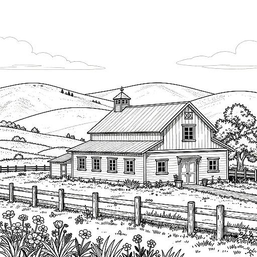 Black-and-white ink drawing of a rustic farmhouse with a gabled roof, surrounded by a fenced field and rolling hills.