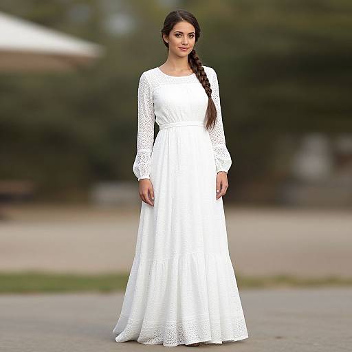 Photograph of a young woman with long brown hair in a braid, wearing a white, long-sleeved, lace, floor-length dress,