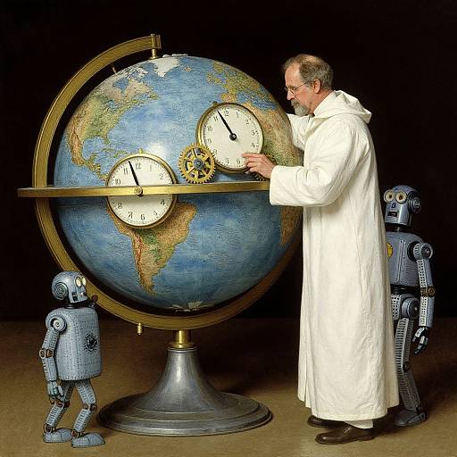 Photograph of a bearded man in a white lab coat adjusting a clock on a globe, flanked by two blue robots.