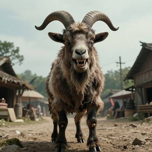 Photograph of a fierce, brown, shaggy goat with large curved horns, standing on a dirt path in a rustic village with wooden huts