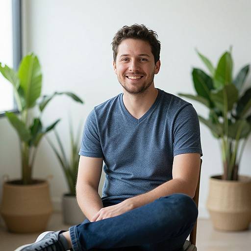 Photograph of a smiling, bearded man with short dark hair, wearing a blue V-neck t-shirt and jeans, seated in a bright room with