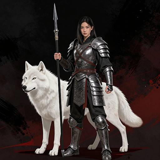 Digital art of a serious, dark-haired warrior in silver armor with a white wolf, holding a spear, against a dark red-black background.