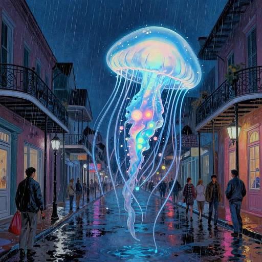 Glowing Jellyfish in Rainy 1920s New Orleans Street