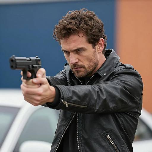 Intense Man with Gun in Leather Jacket
