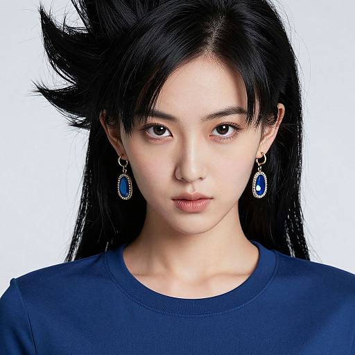 Photographic portrait of an Asian woman with long black hair, fair skin, wearing a navy blue shirt and blue gemstone earrings, against a white background