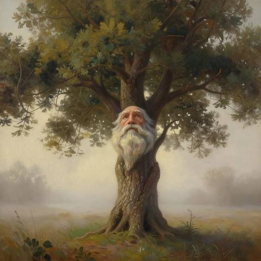 Digital painting of Santa Claus with a long white beard, peeking out from behind a large, leafy tree in a misty forest.