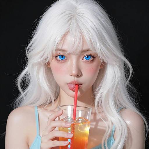 Anime Style Girl with White Hair Drinking Orange Beverage