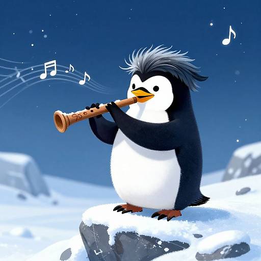 Cartoon penguin with black and white feathers, spiky gray head, playing a wooden flute on snowy ice, musical notes floating above.