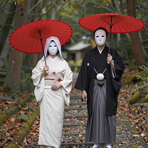 Traditional Japanese Couple in Forest