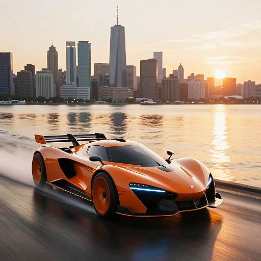 Futuristic Orange Hovercar at Sunset