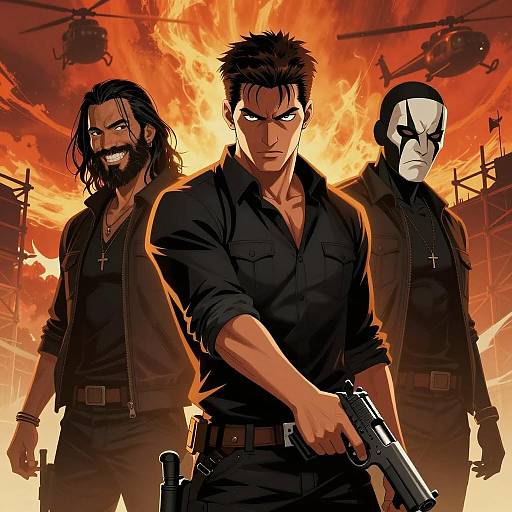 Dynamic Armed Men Against Fiery Sky