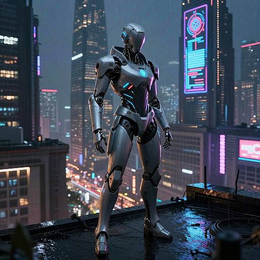 Futuristic Cybernetic Warrior on Rooftop
