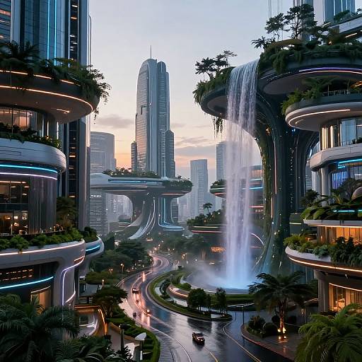 Digital artwork of a futuristic city with towering buildings, lush greenery, cascading waterfall, illuminated streets, and sleek, curved architecture at dusk.