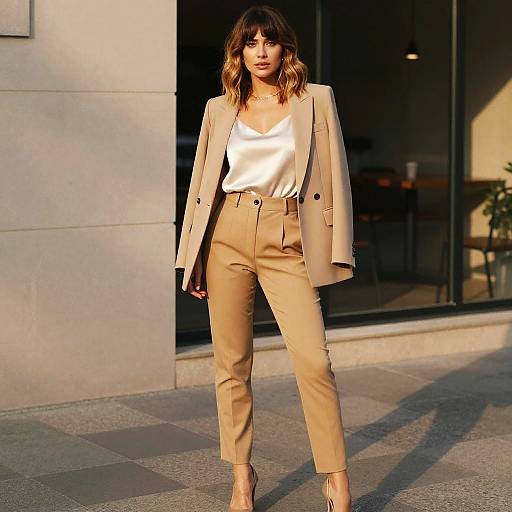 Elegant Woman in Tailored Beige Blazer and Camel Trousers